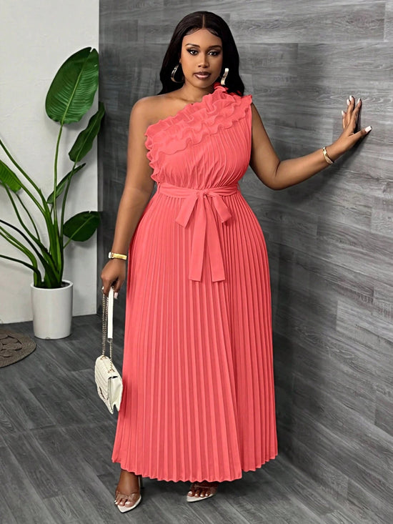Women Plus Size Elegant & Luxurious Asymmetrical Ruffle Hem Cinched Waist Pleated Dress - Gems Ensumbles