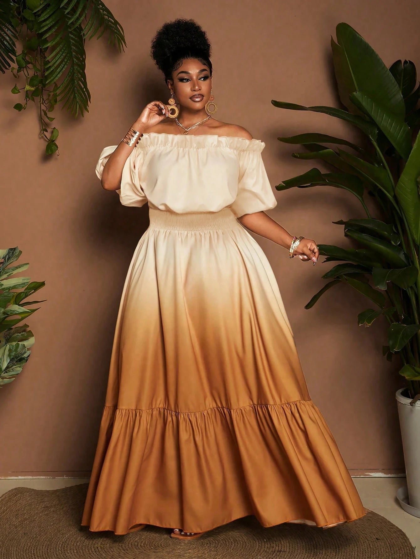 Women Plus Size Elegant Ombre Off - Shoulder Ruffle Hem Dress - Gems Ensumbles