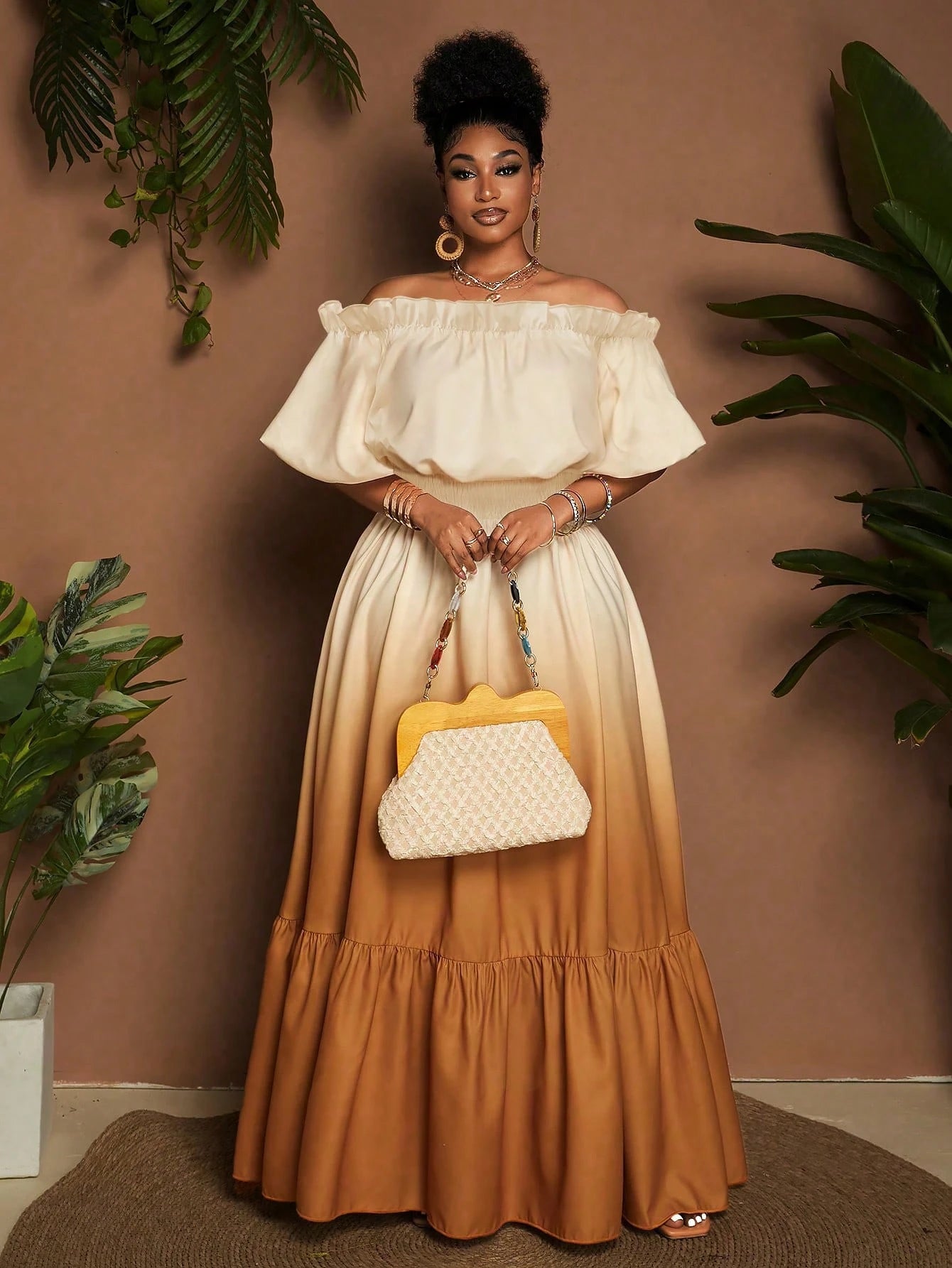 Women Plus Size Elegant Ombre Off - Shoulder Ruffle Hem Dress - Gems Ensumbles
