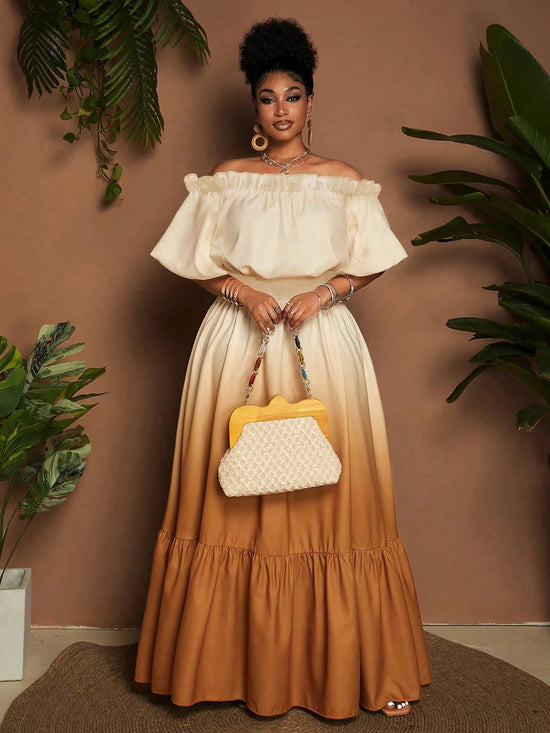 Women Plus Size Elegant Ombre Off - Shoulder Ruffle Hem Dress - Gems Ensumbles