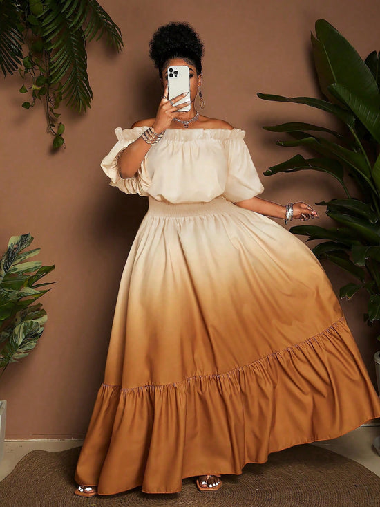Women Plus Size Elegant Ombre Off - Shoulder Ruffle Hem Dress - Gems Ensumbles