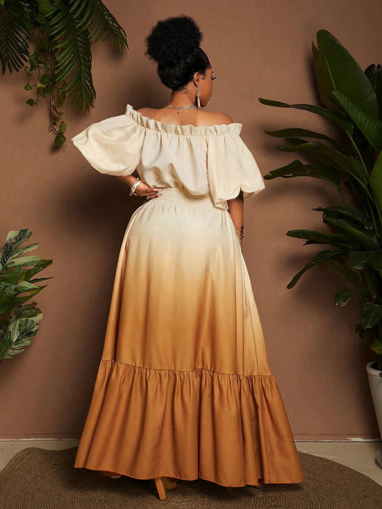 Women Plus Size Elegant Ombre Off - Shoulder Ruffle Hem Dress - Gems Ensumbles