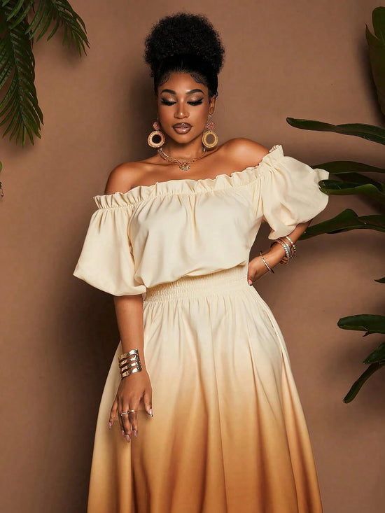 Women Plus Size Elegant Ombre Off - Shoulder Ruffle Hem Dress - Gems Ensumbles