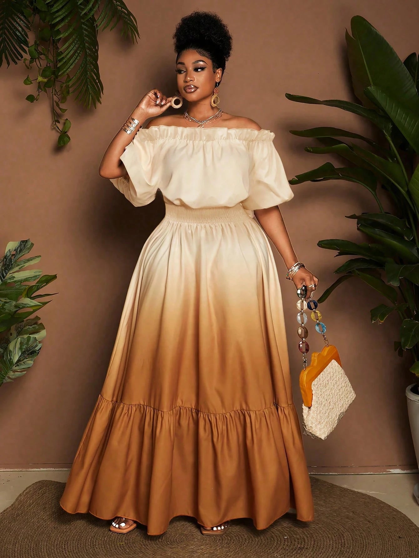 Women Plus Size Elegant Ombre Off - Shoulder Ruffle Hem Dress - Gems Ensumbles