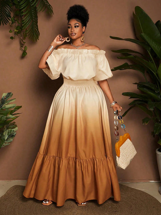 Women Plus Size Elegant Ombre Off - Shoulder Ruffle Hem Dress - Gems Ensumbles