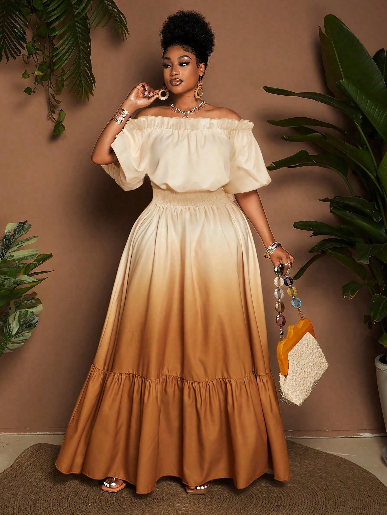 Women Plus Size Elegant Ombre Off - Shoulder Ruffle Hem Dress - Gems Ensumbles