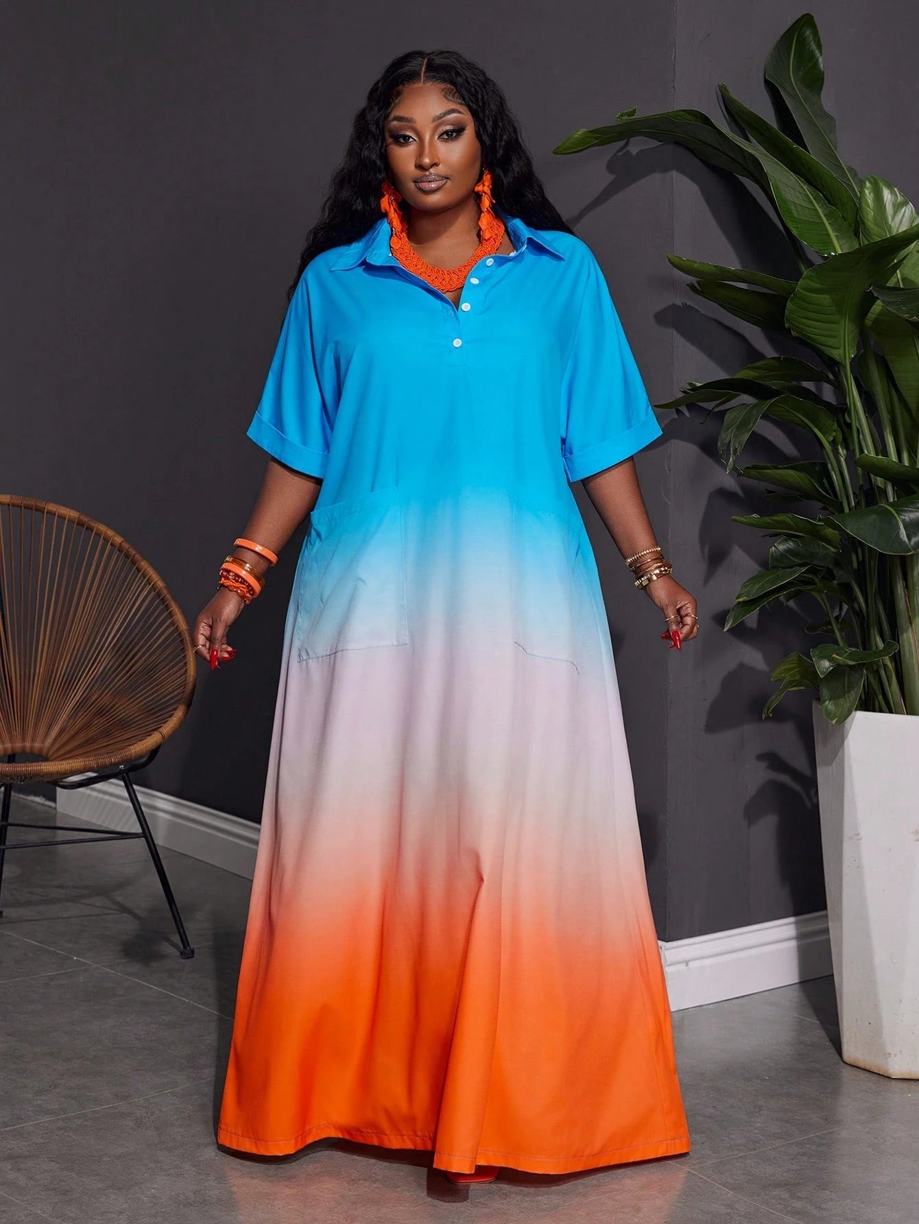 Women Plus Size Front Button Short Sleeve Pocket Ombre Casual Long Dress - Gems Ensumbles