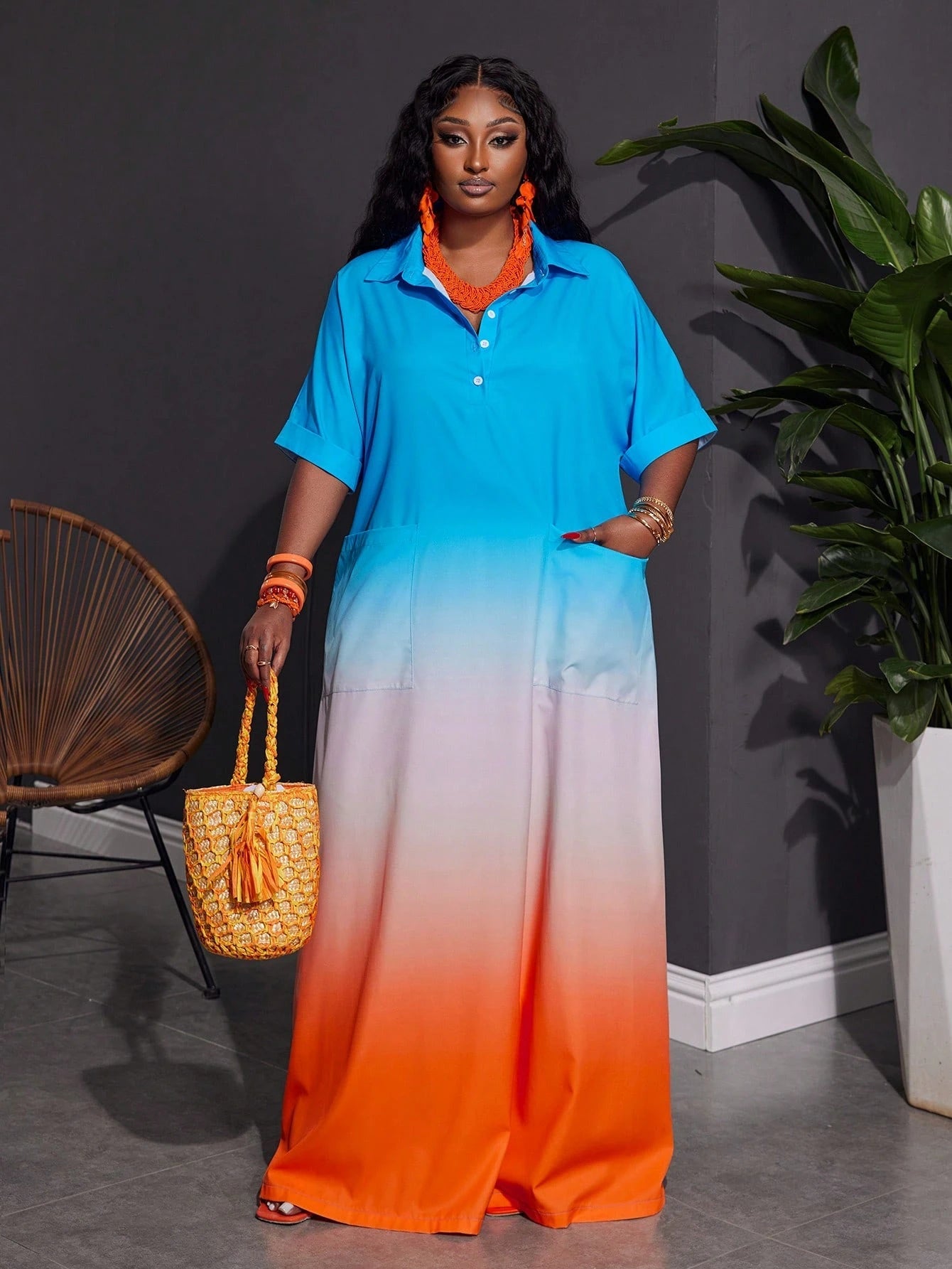 Women Plus Size Front Button Short Sleeve Pocket Ombre Casual Long Dress - Gems Ensumbles