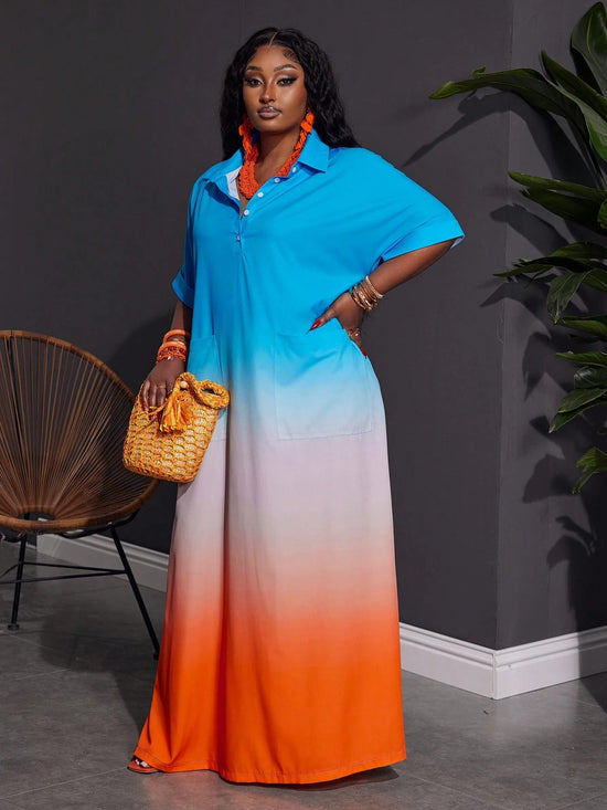 Women Plus Size Front Button Short Sleeve Pocket Ombre Casual Long Dress - Gems Ensumbles