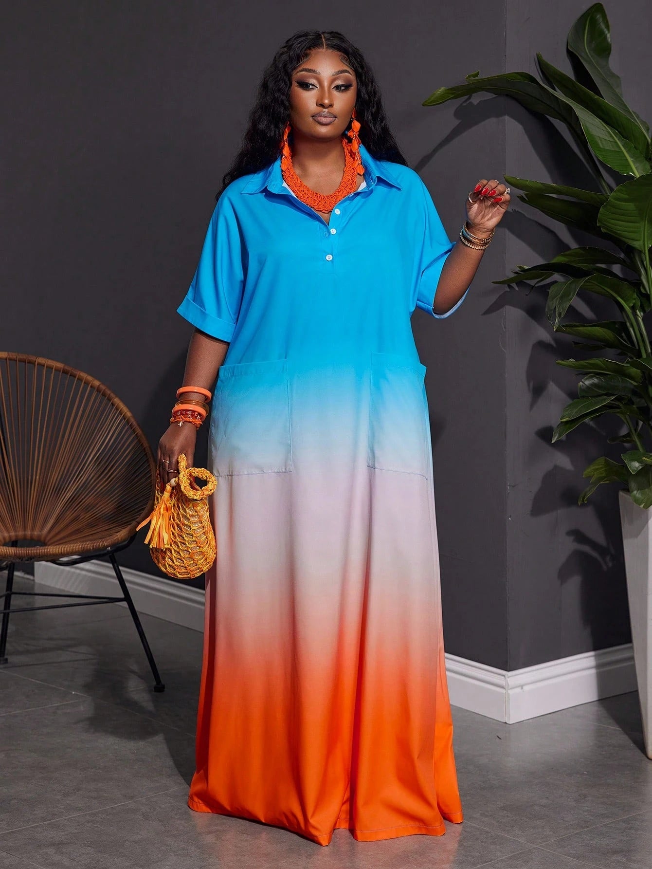 Women Plus Size Front Button Short Sleeve Pocket Ombre Casual Long Dress - Gems Ensumbles