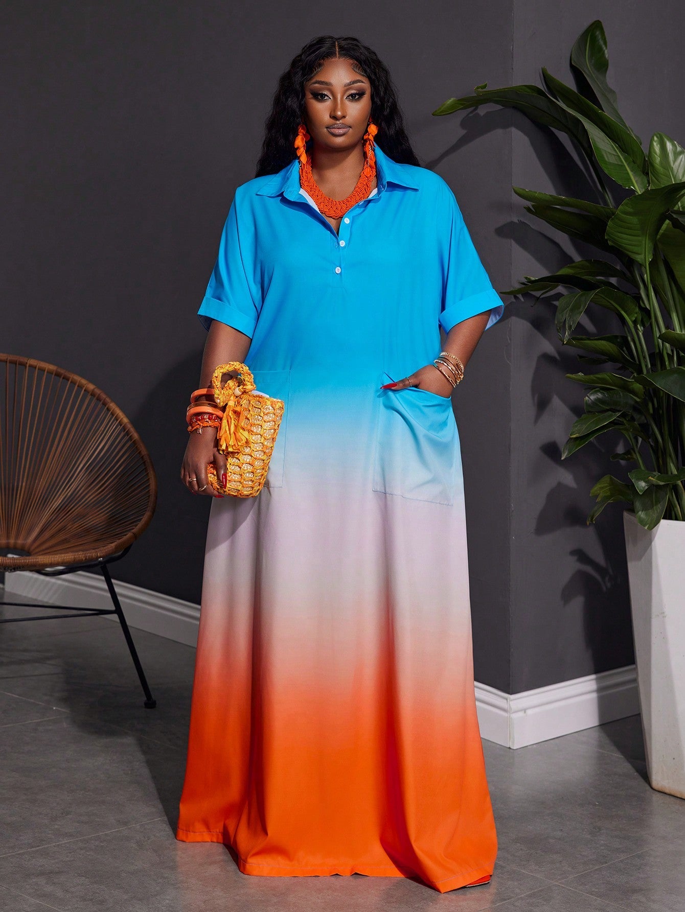 Women Plus Size Front Button Short Sleeve Pocket Ombre Casual Long Dress - Gems Ensumbles