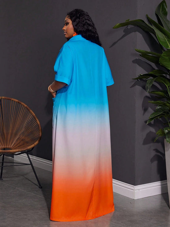 Women Plus Size Front Button Short Sleeve Pocket Ombre Casual Long Dress - Gems Ensumbles