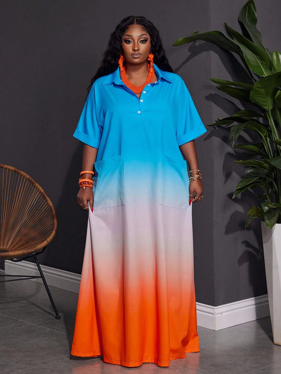 Women Plus Size Front Button Short Sleeve Pocket Ombre Casual Long Dress - Gems Ensumbles
