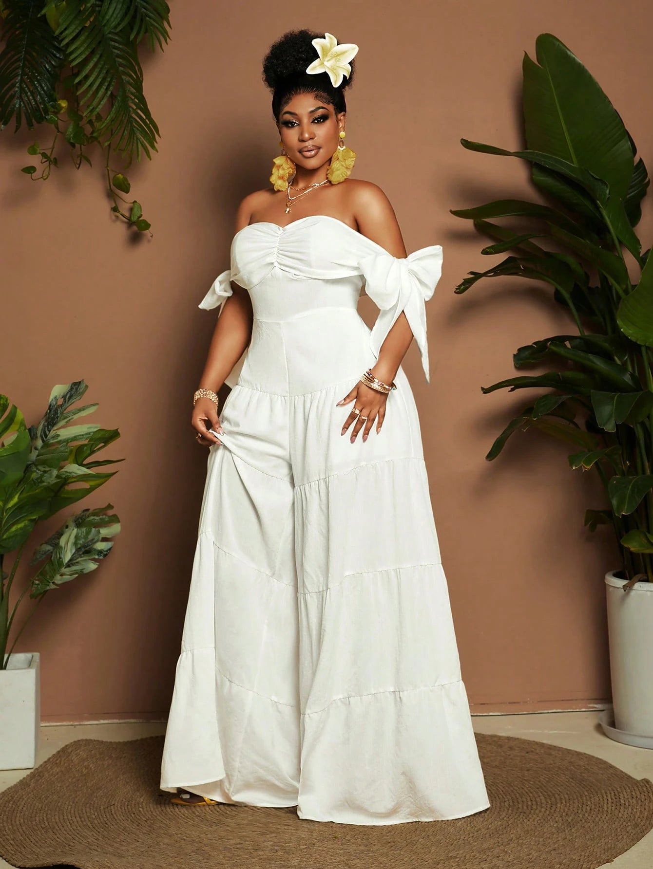 Women Plus Size Jumper Solid Color Off - Shoulder Wide Leg Fashionable - Gems Ensumbles