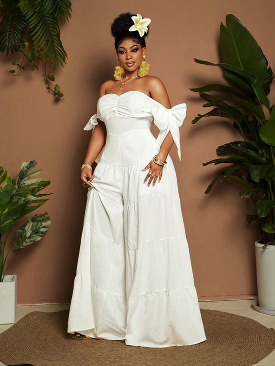Women Plus Size Jumper Solid Color Off - Shoulder Wide Leg Fashionable - Gems Ensumbles