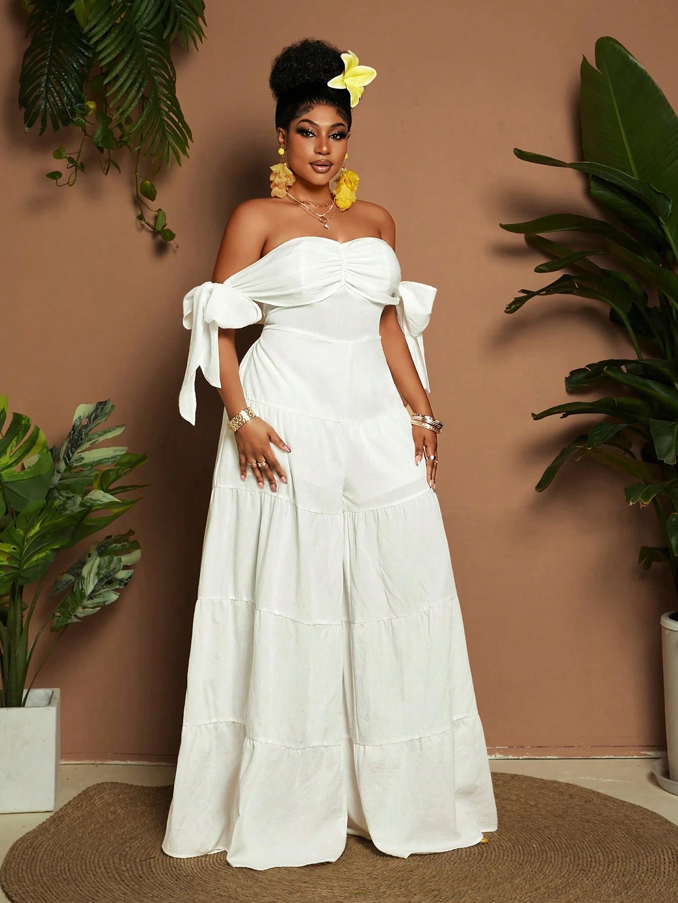 Women Plus Size Jumper Solid Color Off - Shoulder Wide Leg Fashionable - Gems Ensumbles