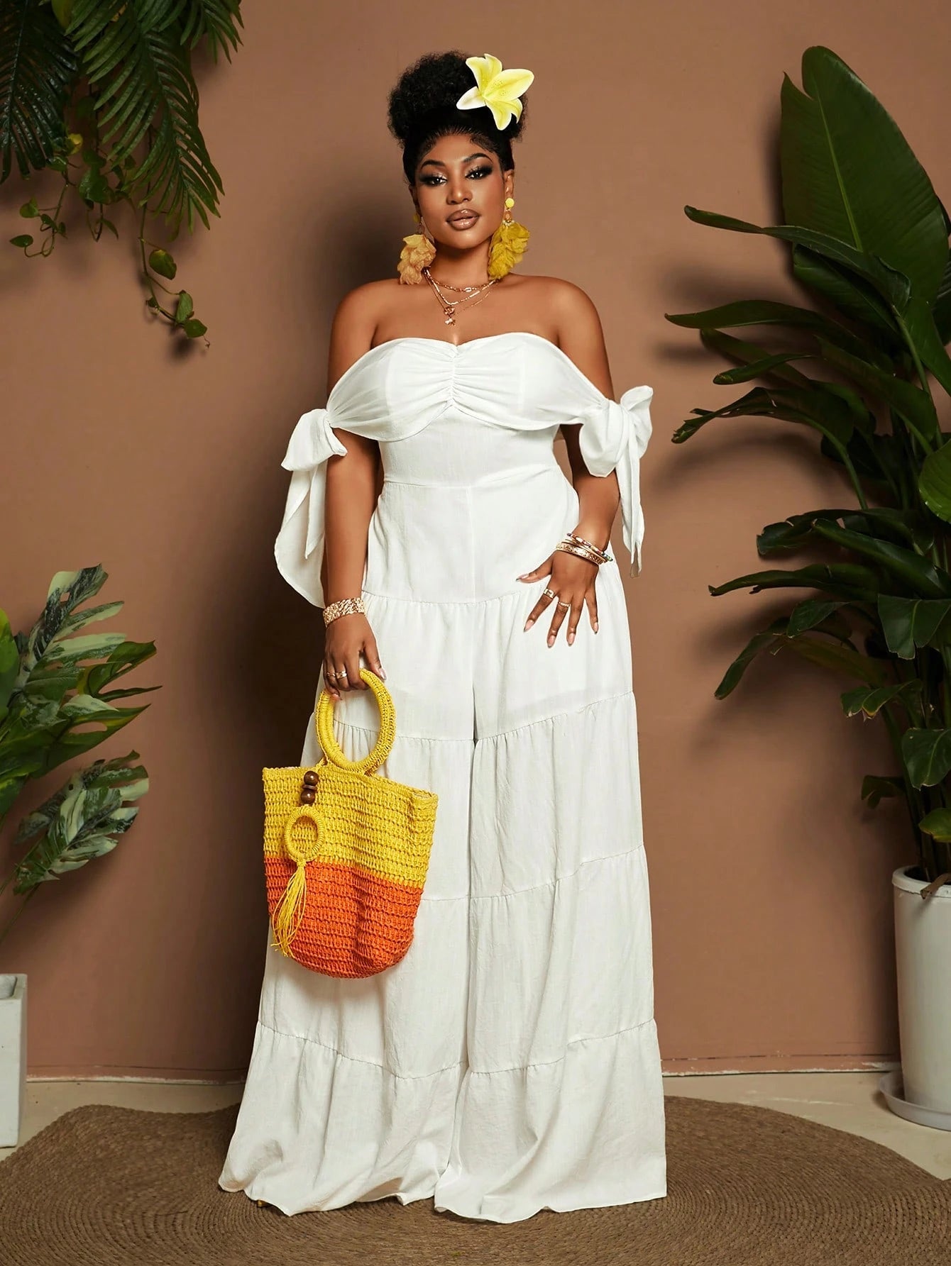 Women Plus Size Jumper Solid Color Off - Shoulder Wide Leg Fashionable - Gems Ensumbles