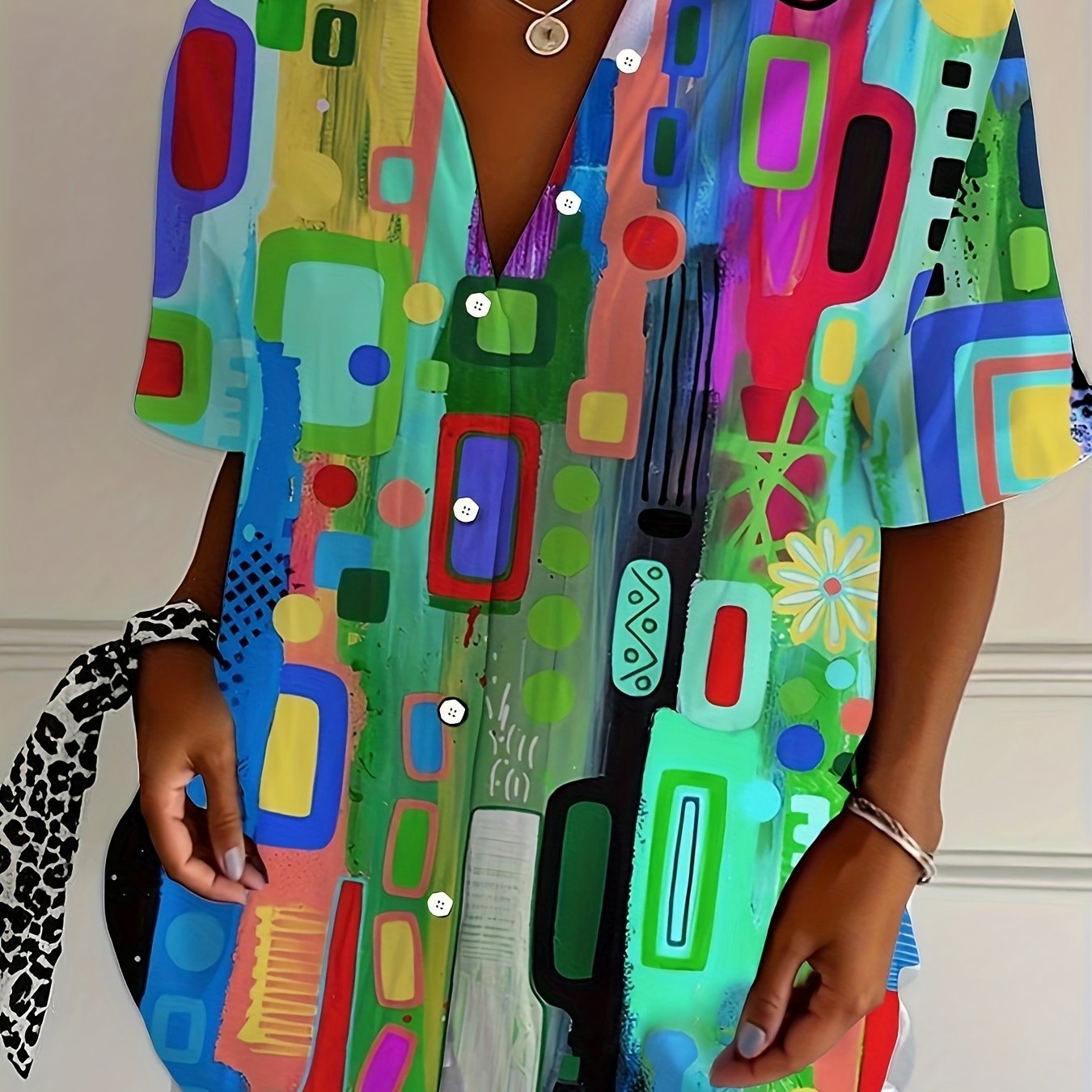Women Plus Size Retro Geometric Print Short Sleeve Blouse - Gems Ensumbles