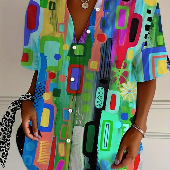 Women Plus Size Retro Geometric Print Short Sleeve Blouse - Gems Ensumbles