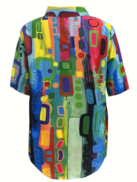 Women Plus Size Retro Geometric Print Short Sleeve Blouse - Gems Ensumbles