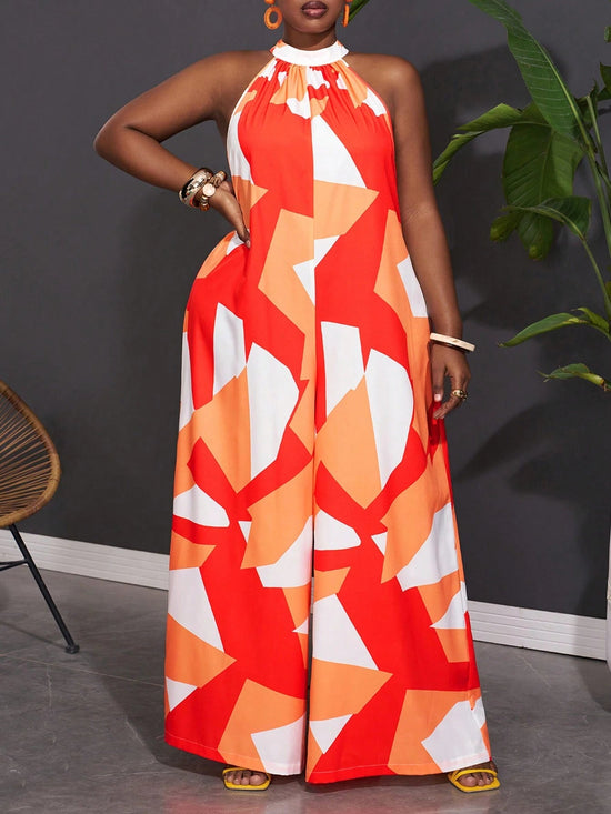 Women Plus Size Sleeveless Geometric Print Wide Leg Jumpsuit - Gems Ensumbles