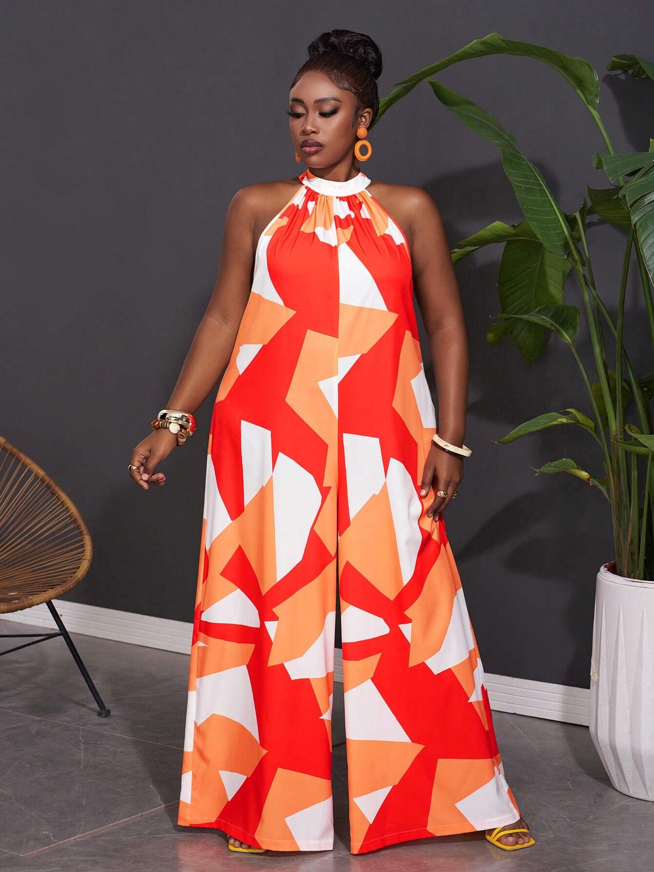 Women Plus Size Sleeveless Geometric Print Wide Leg Jumpsuit - Gems Ensumbles