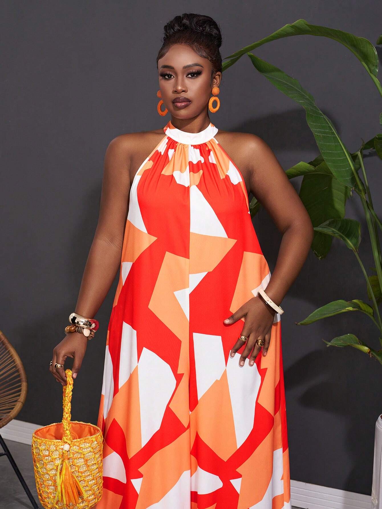 Women Plus Size Sleeveless Geometric Print Wide Leg Jumpsuit - Gems Ensumbles