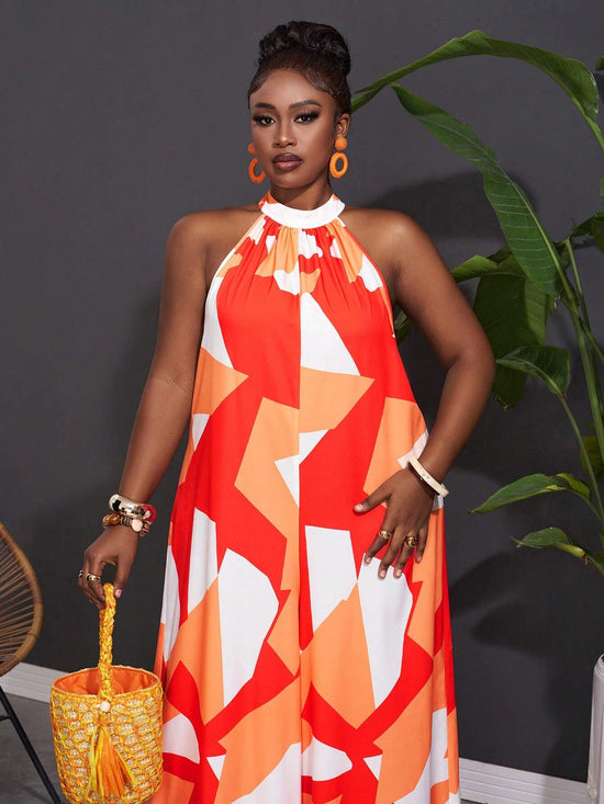 Women Plus Size Sleeveless Geometric Print Wide Leg Jumpsuit - Gems Ensumbles