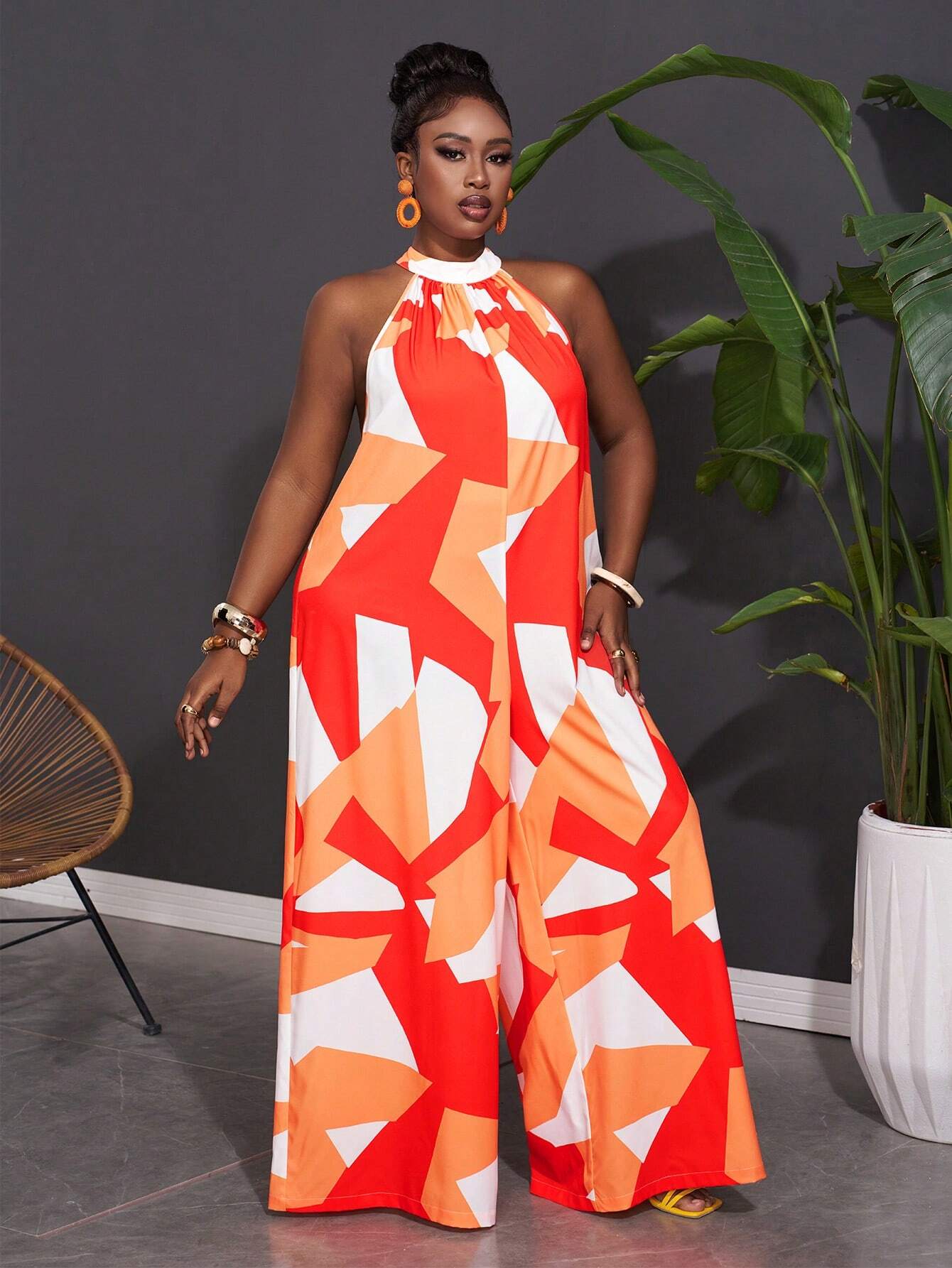 Women Plus Size Sleeveless Geometric Print Wide Leg Jumpsuit - Gems Ensumbles