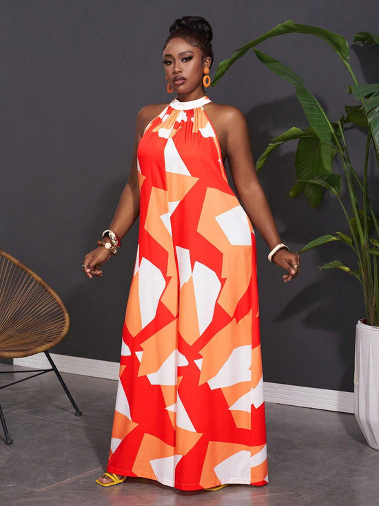 Women Plus Size Sleeveless Geometric Print Wide Leg Jumpsuit - Gems Ensumbles