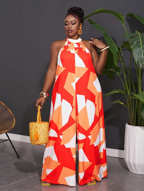 Women Plus Size Sleeveless Geometric Print Wide Leg Jumpsuit - Gems Ensumbles