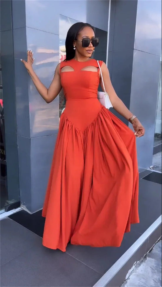Women Pullover Hollow Solid O Neck Sleeveless High Street Sexy Ankle Length Dress - Gems Ensumbles