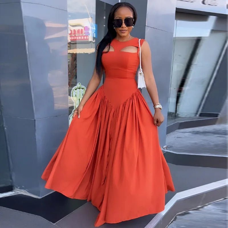 Women Pullover Hollow Solid O Neck Sleeveless High Street Sexy Ankle Length Dress - Gems Ensumbles