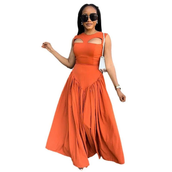 Women Pullover Hollow Solid O Neck Sleeveless High Street Sexy Ankle Length Dress - Gems Ensumbles