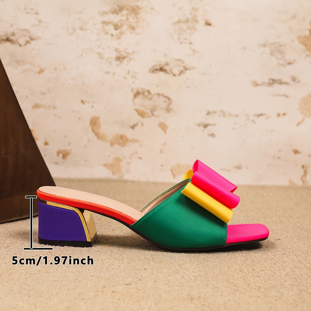 Women Sandals colorful Block Heel - Vibrant Pink, Green & Yellow Bow Design, Slip - On Square Toe - Gems Ensumbles