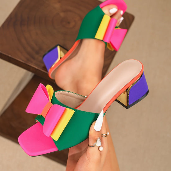 Women Sandals colorful Block Heel - Vibrant Pink, Green & Yellow Bow Design, Slip - On Square Toe - Gems Ensumbles