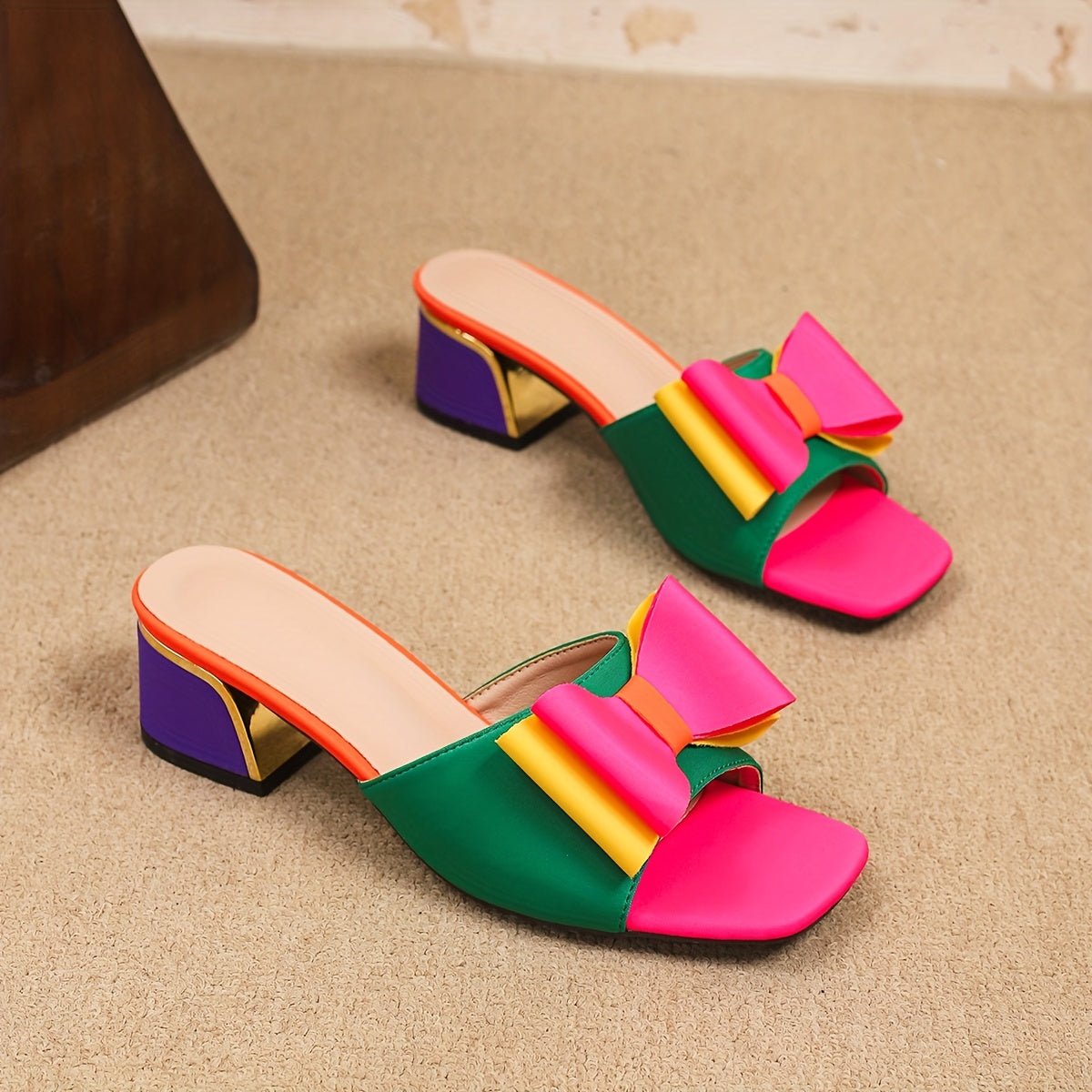 Women Sandals colorful Block Heel - Vibrant Pink, Green & Yellow Bow Design, Slip - On Square Toe - Gems Ensumbles