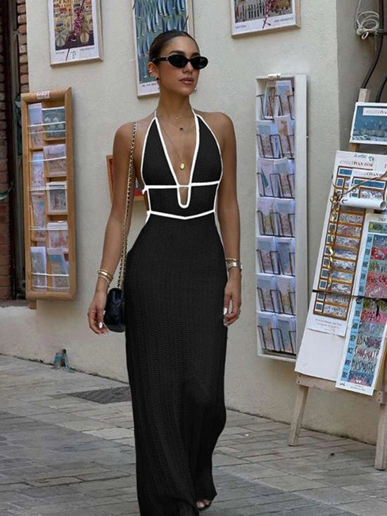 Women Sexy Elegant Halter Backless Lace - Up Color - Block Dress - Gems Ensumbles