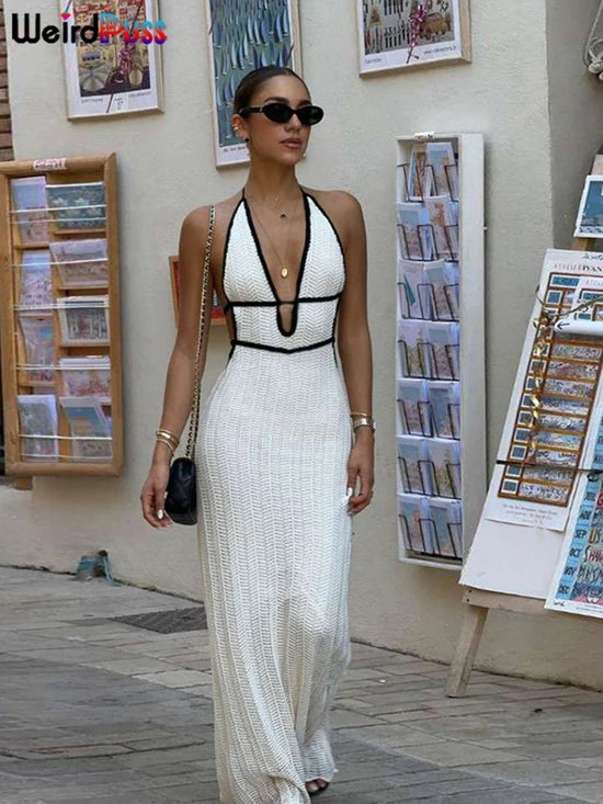Women Sexy Elegant Halter Backless Lace - Up Color - Block Dress - Gems Ensumbles