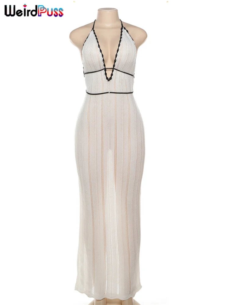 Women Sexy Elegant Halter Backless Lace - Up Color - Block Dress - Gems Ensumbles