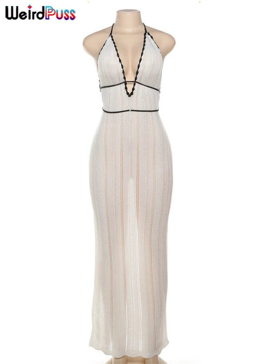 Women Sexy Elegant Halter Backless Lace - Up Color - Block Dress - Gems Ensumbles