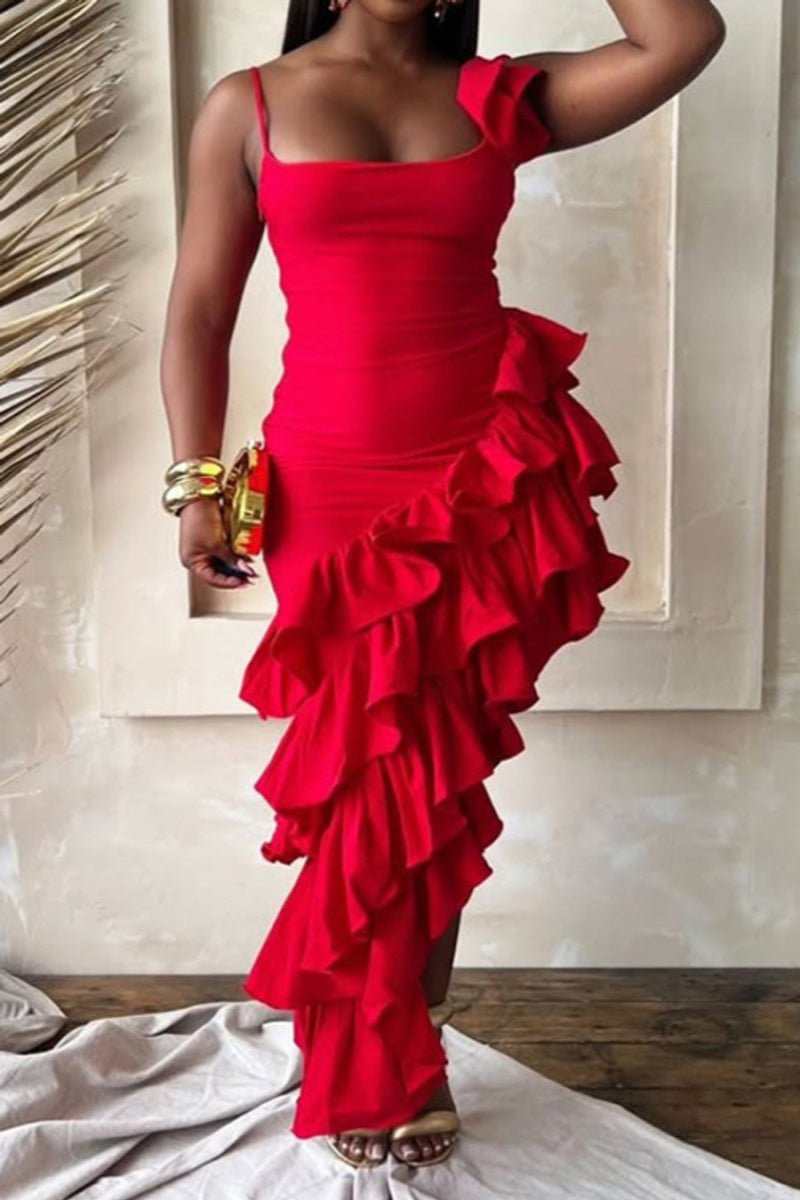 Women Sexy plus size slight stretch irregular sling layered ruffle maxi Dress - Gems Ensumbles