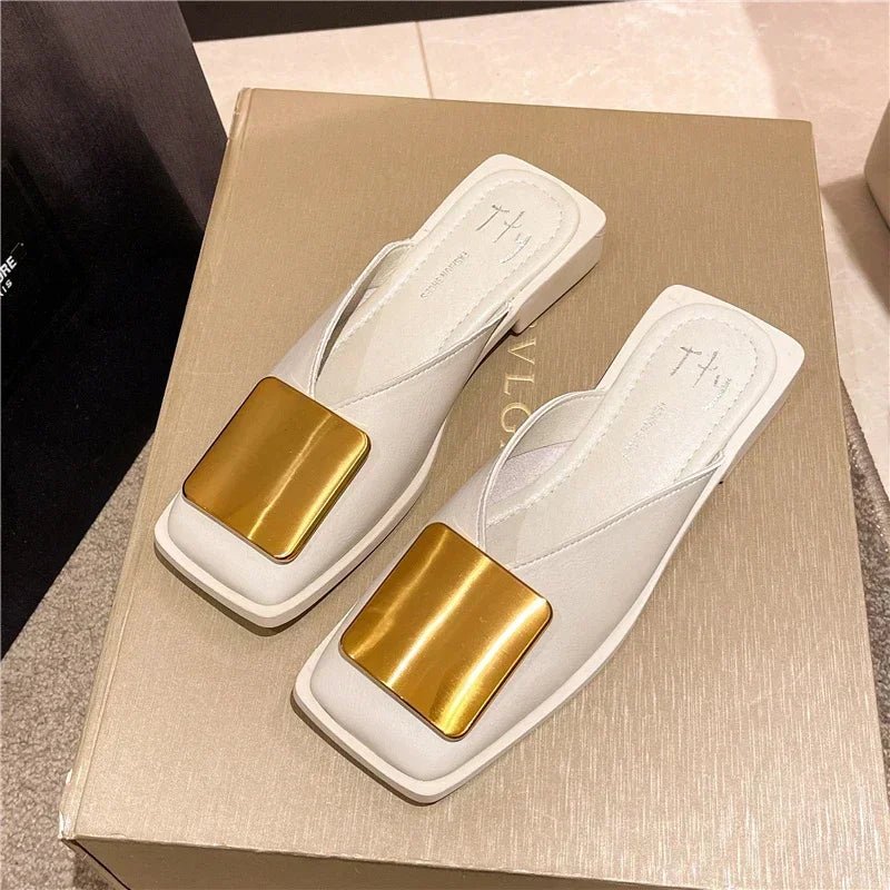 Women Slipper Fashion Metal Buckle Mules Flat Heels Square Toe - Gems Ensumbles