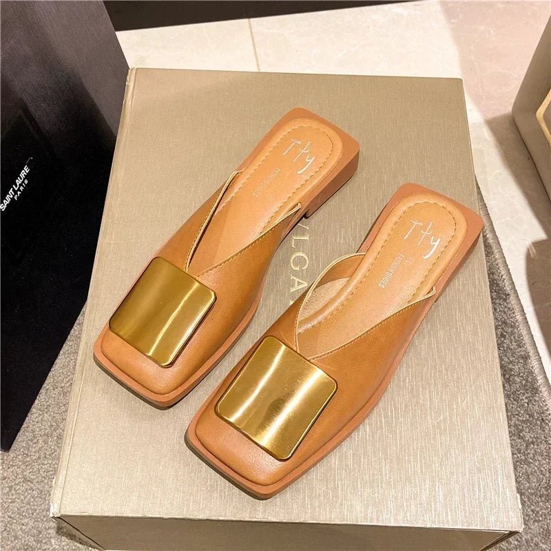 Women Slipper Fashion Metal Buckle Mules Flat Heels Square Toe - Gems Ensumbles