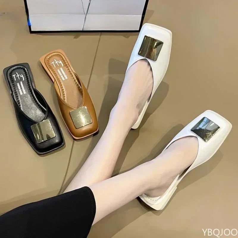Women Slipper Fashion Metal Buckle Mules Flat Heels Square Toe - Gems Ensumbles