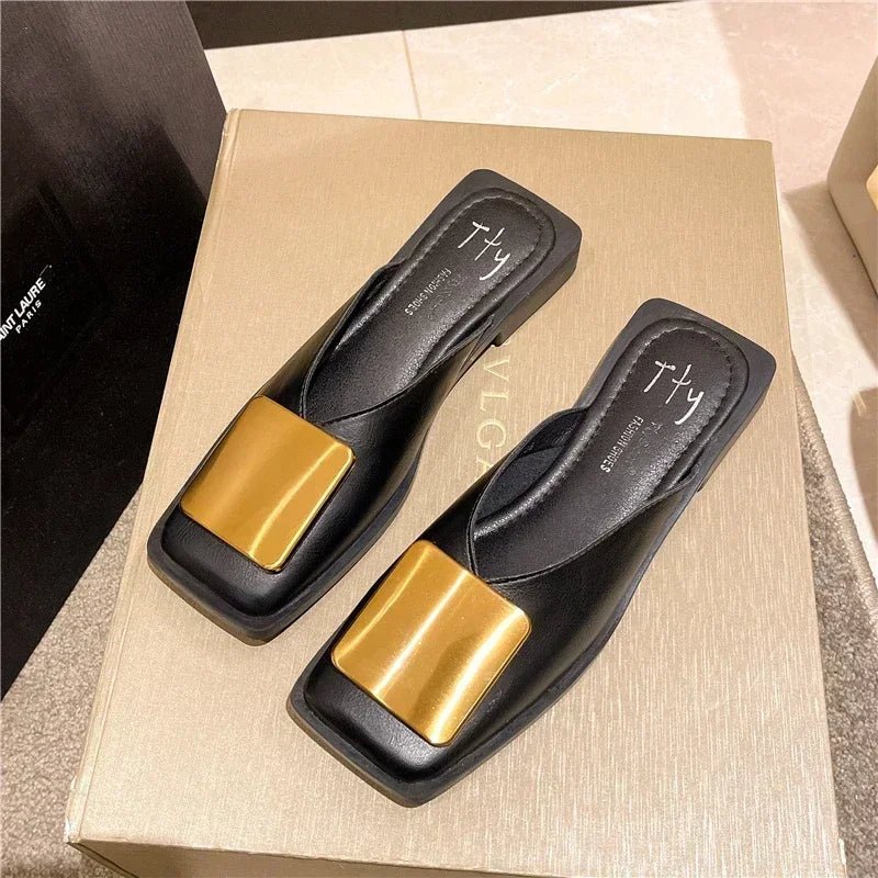 Women Slipper Fashion Metal Buckle Mules Flat Heels Square Toe - Gems Ensumbles