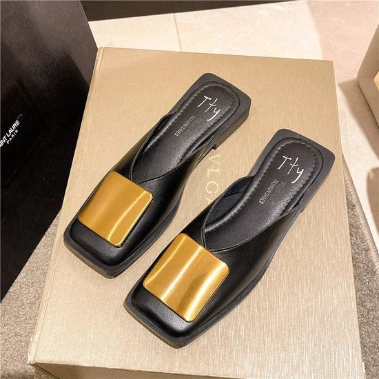 Women Slipper Fashion Metal Buckle Mules Flat Heels Square Toe - Gems Ensumbles