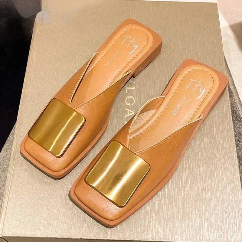 Women Slipper Fashion Metal Buckle Mules Flat Heels Square Toe - Gems Ensumbles