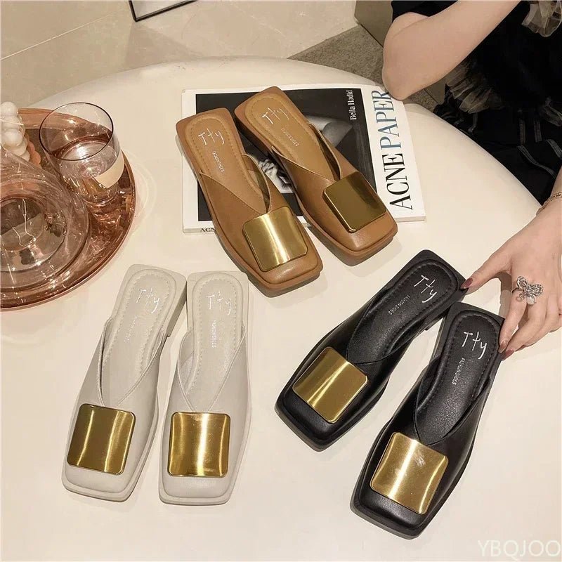 Women Slipper Fashion Metal Buckle Mules Flat Heels Square Toe - Gems Ensumbles