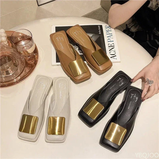 Women Slipper Fashion Metal Buckle Mules Flat Heels Square Toe - Gems Ensumbles